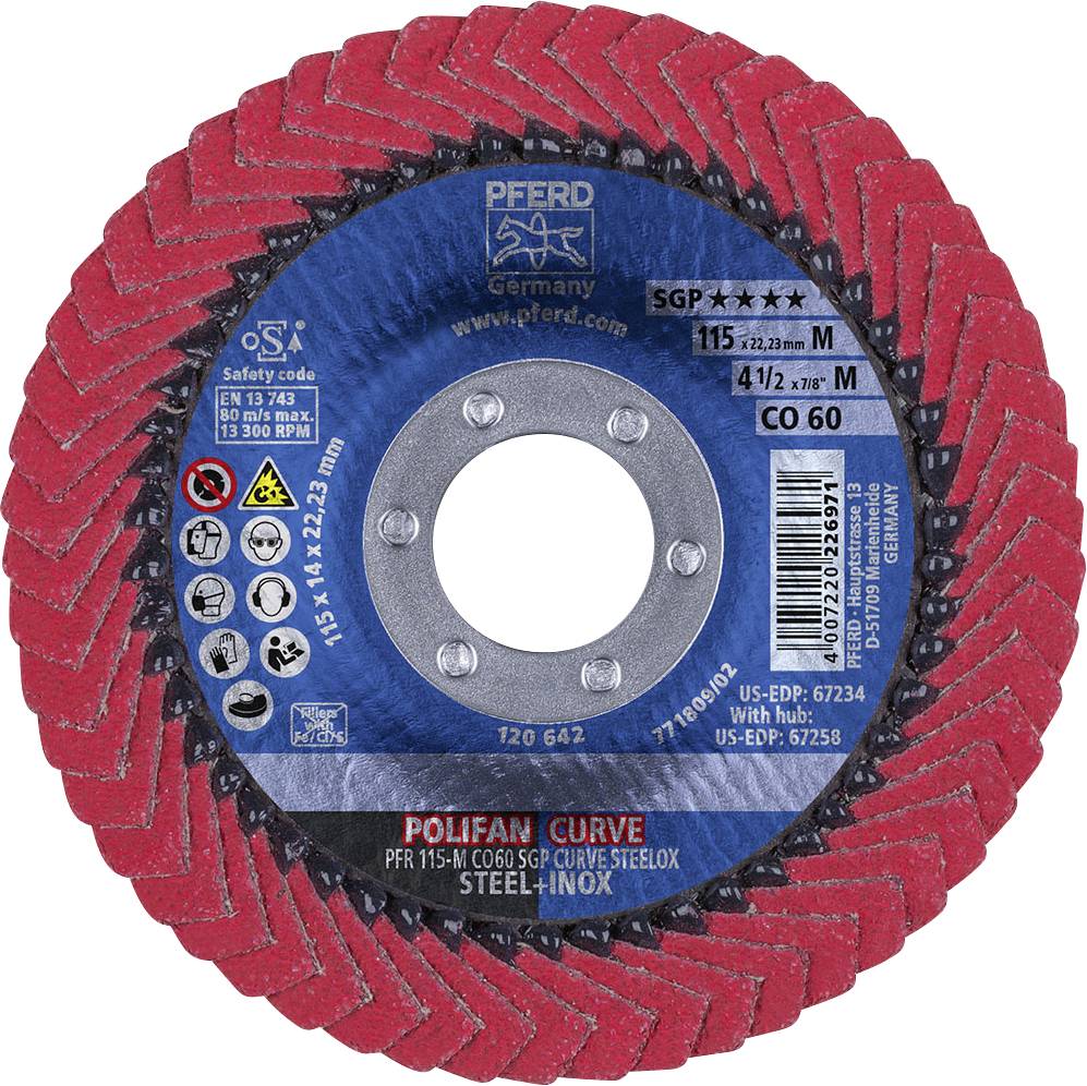 Ein roter Schleifteller mit Aufdruck 'Pferd Germany', Sicherheitscodes und technische Spezifikationen. Geeignet für Metallbearbeitung.