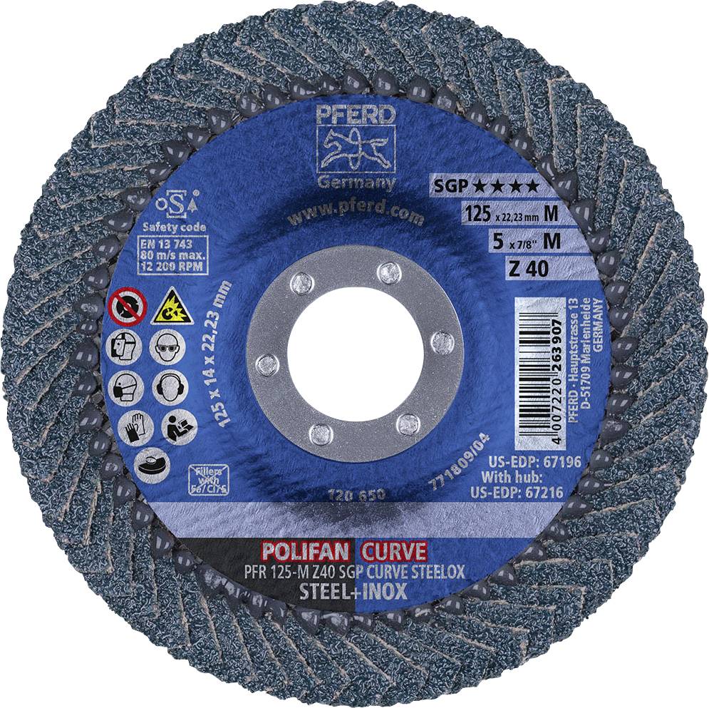 Eine Schruppscheibe von der Marke PFERD, geeignet für Stahl und Inox, mit den Abmessungen 125 x 22,23 mm und einer Körnung von Z 40.