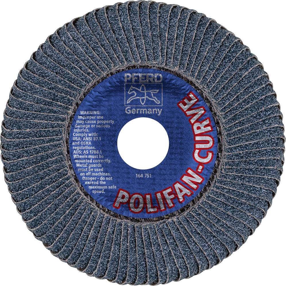 'PFERD Polifan-Curve' Schleifscheibe mit blauem Schleifmaterial, Rundform und Warnhinweisen auf der Scheibe. Herkunft: Deutschland.