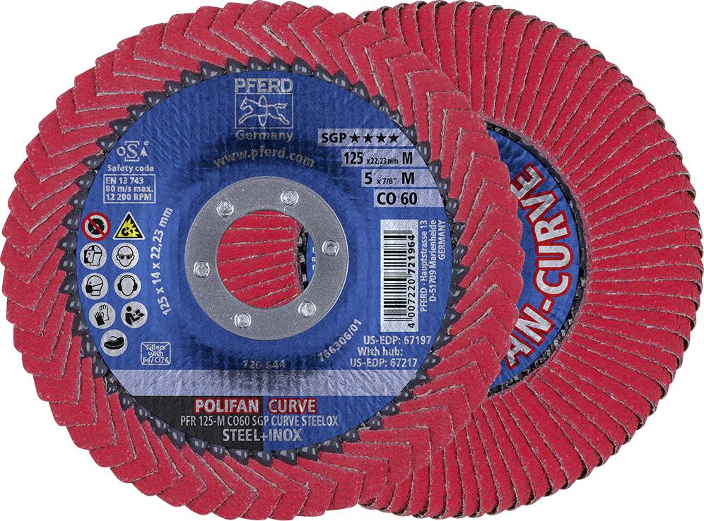 Zwei rote Schleifscheiben der Marke PFERD, Modell 'POLIFAN CURVE', aus Stahl. Eine dreht sich leicht, die andere liegt flach.