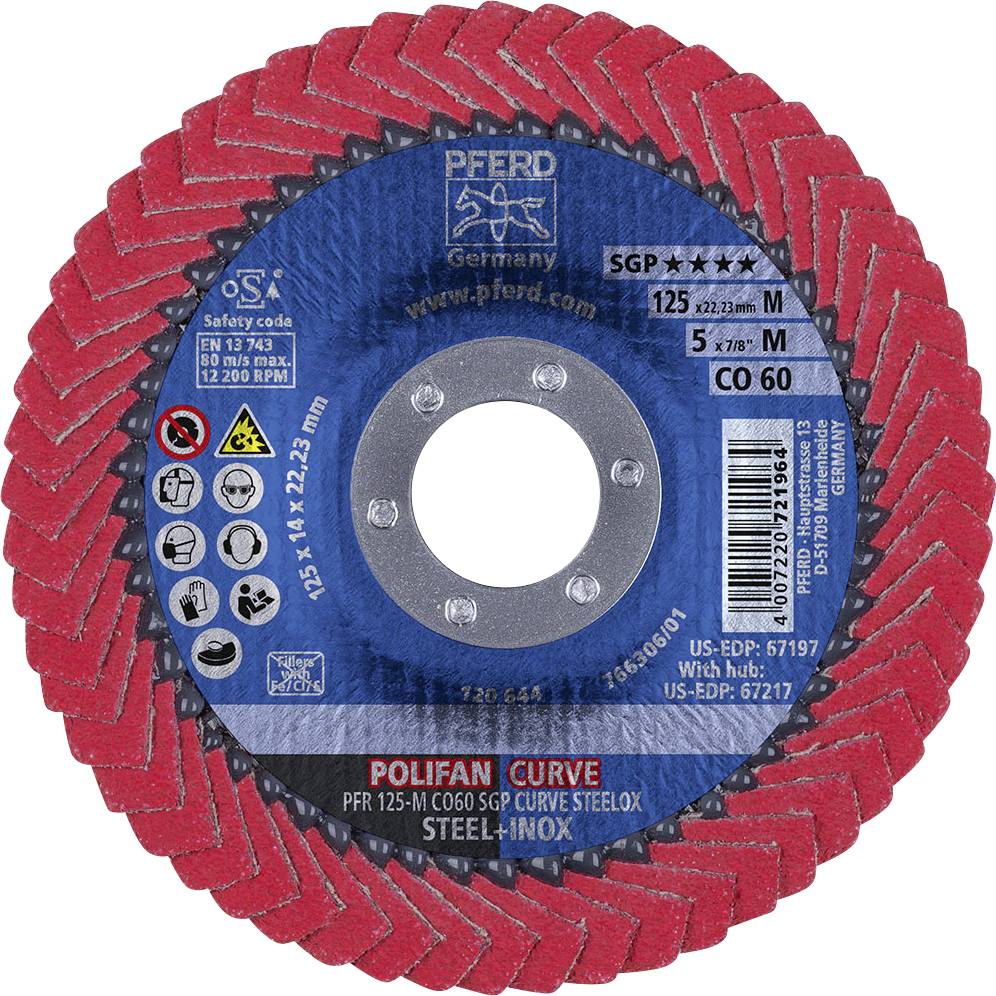 Rote Schleifscheibe von PFERD mit Aufschrift 'Polifan Curve'. Geeignet für Stahl und Inox, Durchmesser 125 mm, Version CO 60.