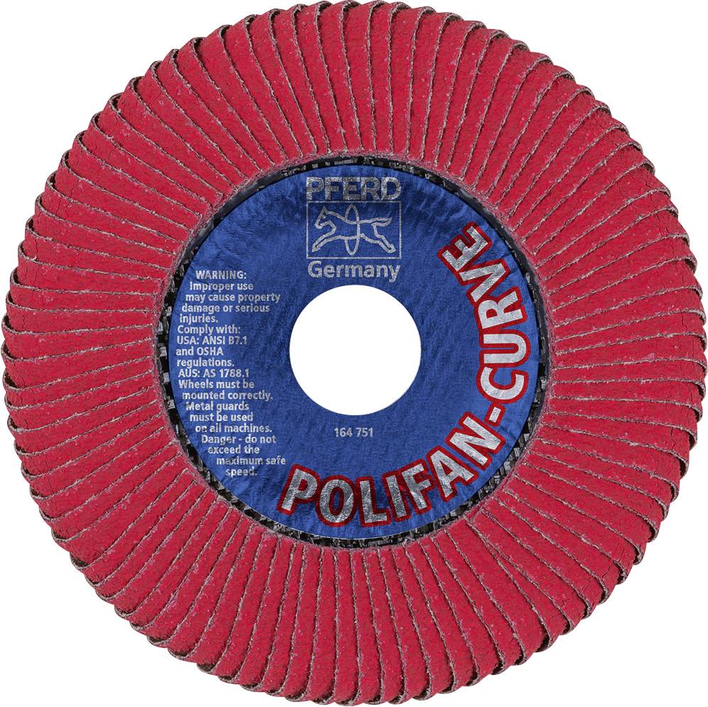 'POLIFAN-CURVE' Fächerschleifscheibe von PFERD Germany, roter Rand mit blauer Mitte, Hinweis auf Sicherheitsvorschriften.