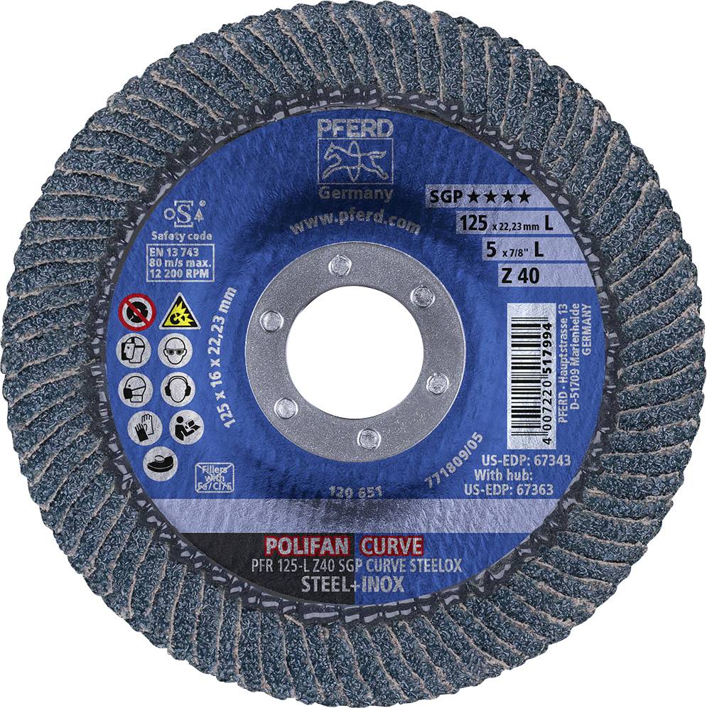 'Schleifscheibe der Marke Pferd', Modell 'POLIFAN CURVE', geeignet für Stahl und Edelstahl, Durchmesser 125 mm, Stärke 5 mm, Grösse Z 40.