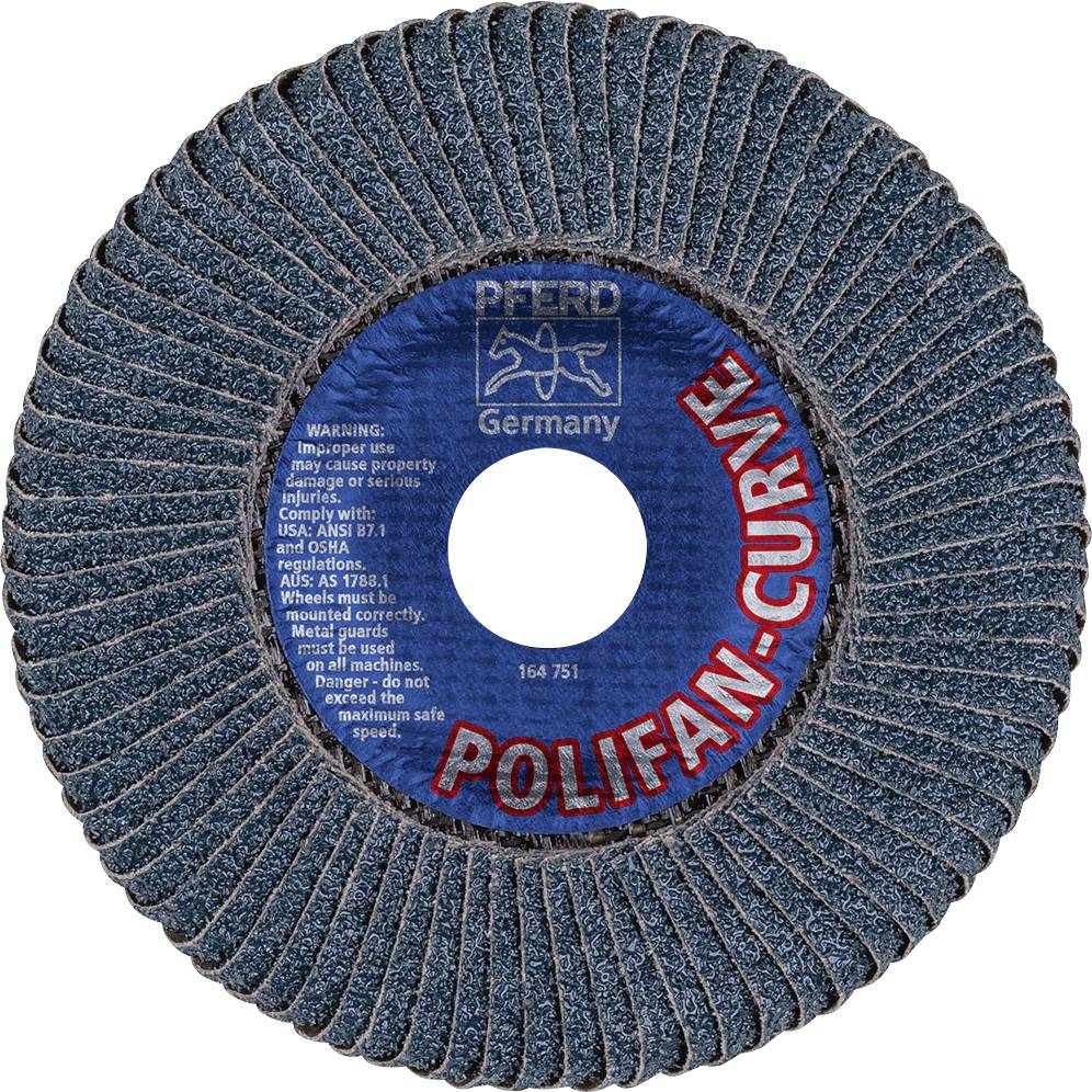 Eine Schleifscheibe aus der Produktlinie 'Polifan-Curve' von PFERD, Deutschland, mit Warnhinweisen und technischen Spezifikationen auf dem Etikett.