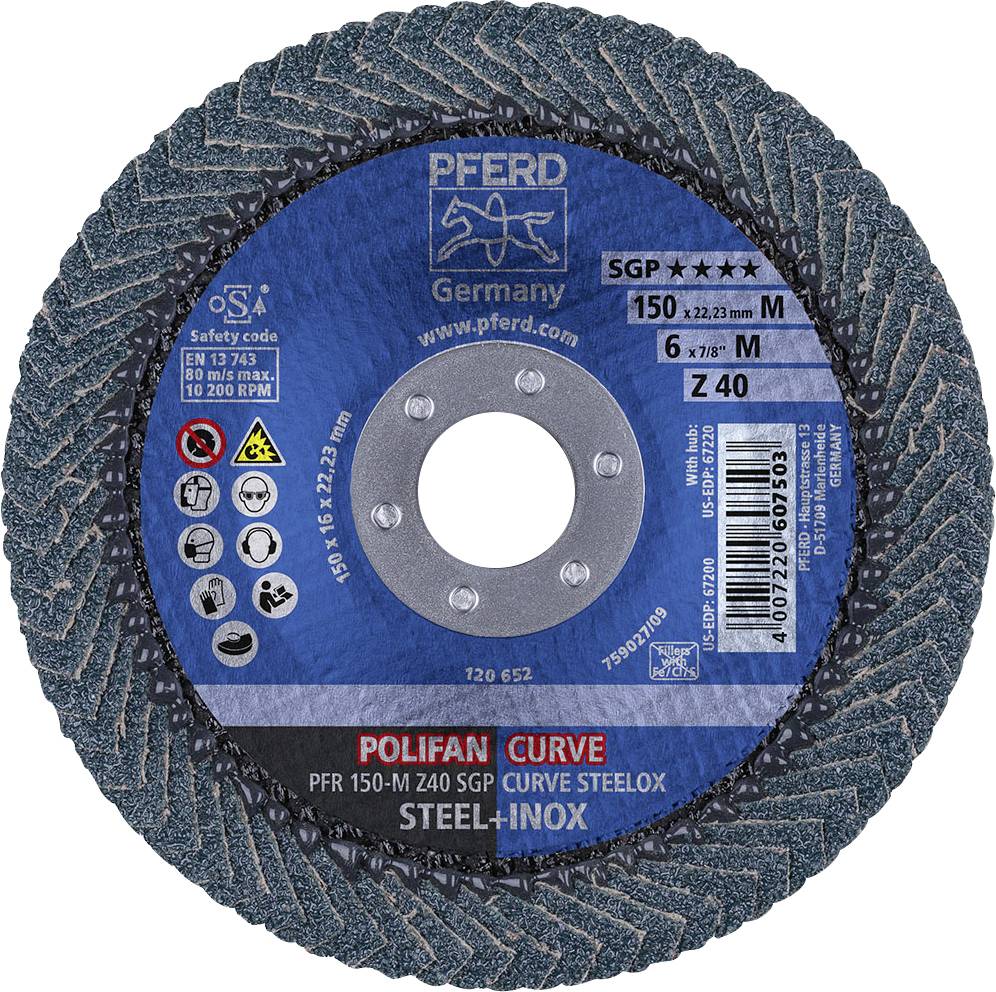 PFERD 67689072 Z Sgp Curve Steelox Fächerschleifscheibe Durchmesser 150mm Bohrungs-Ø 22.23mm 10St.