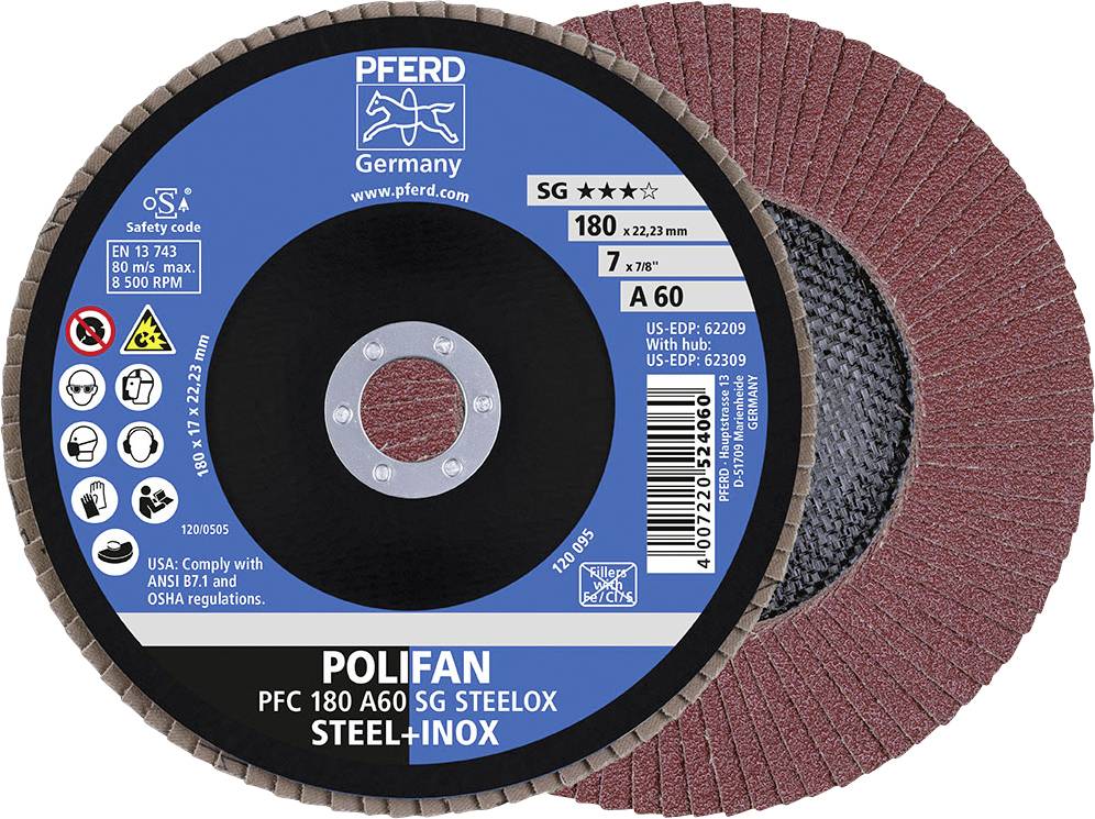 Schleifscheibe mit Aufdruck: 'PFERD', Modell 'POLIFAN PFC 180 A60 SG STEELOX', geeignet für Stahl und Inox, 180 mm Durchmesser.