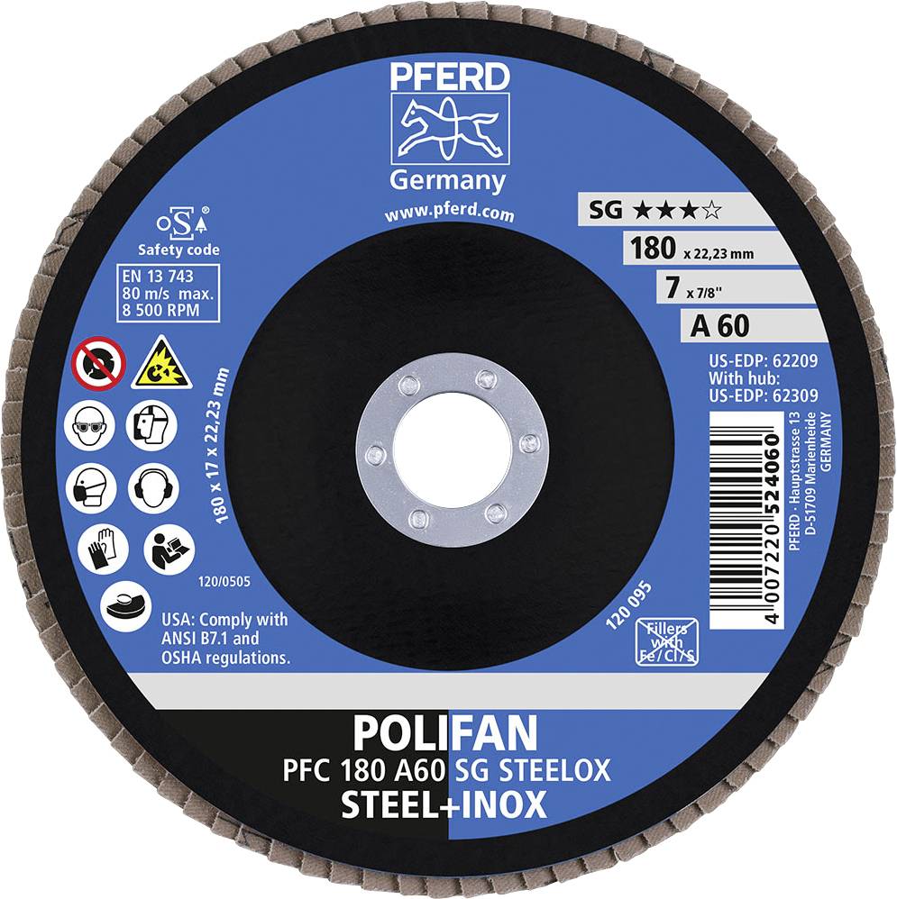 Schleifscheibe mit der Aufschrift 'PFERD Germany', 'POLIFAN PFC 180 A60 SG STEELOX'. Geeignet für Stahl und Inox, Maße 180 x 22,23 mm.