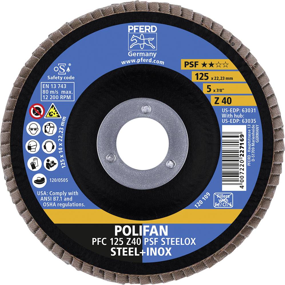 Schleifscheibe mit der Aufschrift 'POLIFAN PFC 125 Z40 PSF STEELOX STEEL+INOX'. Durchmesser: 125 mm, Max. Drehzahl: 12.200 U/min.