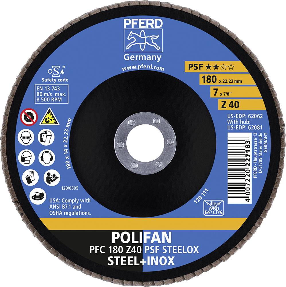 Schleifscheibe der Marke PFERD, Typ PSF, für Stahl und Inox. Durchmesser 180 mm, Körnung Z40. Sicherheits- und Herstellerinformationen.