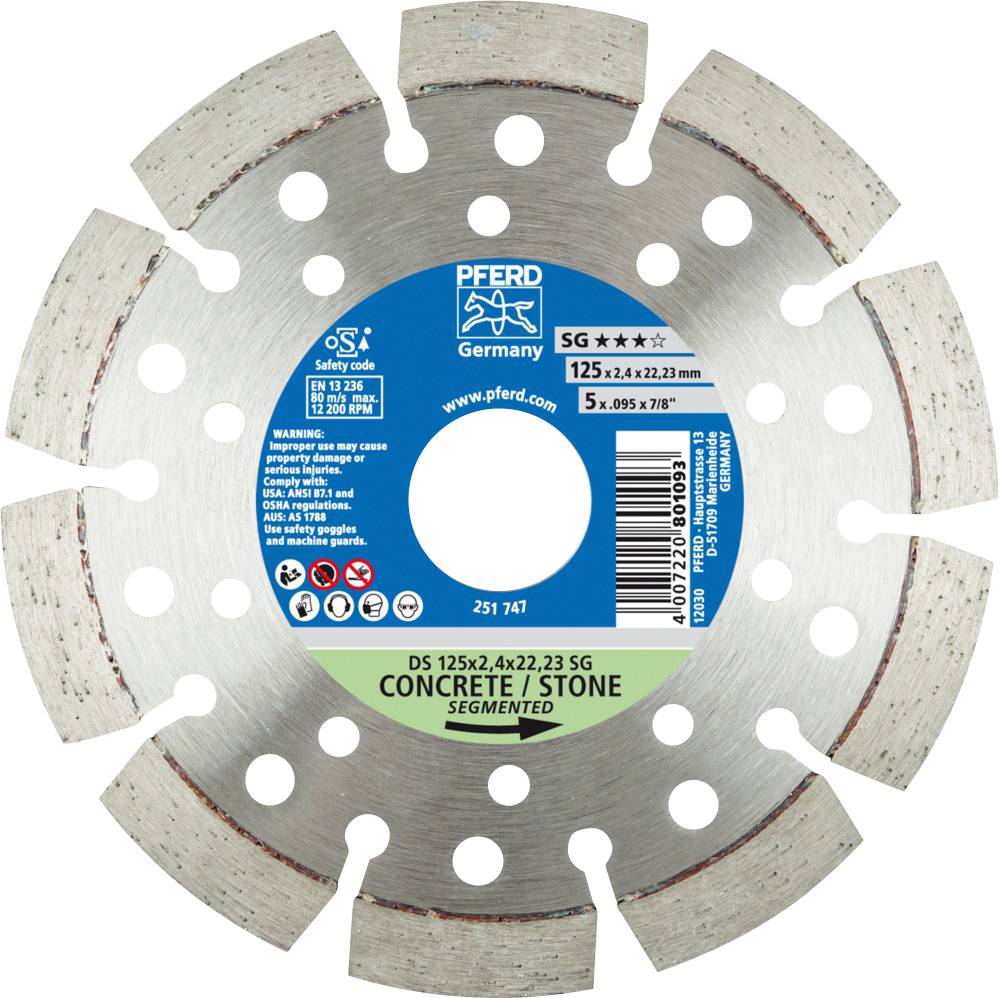 Diamantscheibe für Beton und Steinbearbeitung, segmentiert, Durchmesser 125 mm, max. Drehzahl 12.250 U/min, Herstellerkennzeichnung.