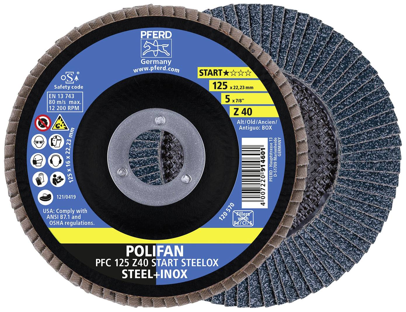 Polifan Schleifscheibe PFC 125 Z40 für Stahl, 125 mm Durchmesser, 22,23 mm Bohrung, Z40 Körnung. Geeignet für Stahl und Edelstahl.