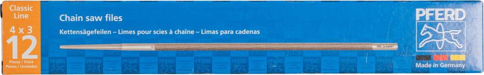 Verpackung mit Kettensägenfeile von 'PFERD' in blauem Design, Text 'Chain saw files' und Produktinformation in mehreren Sprachen.