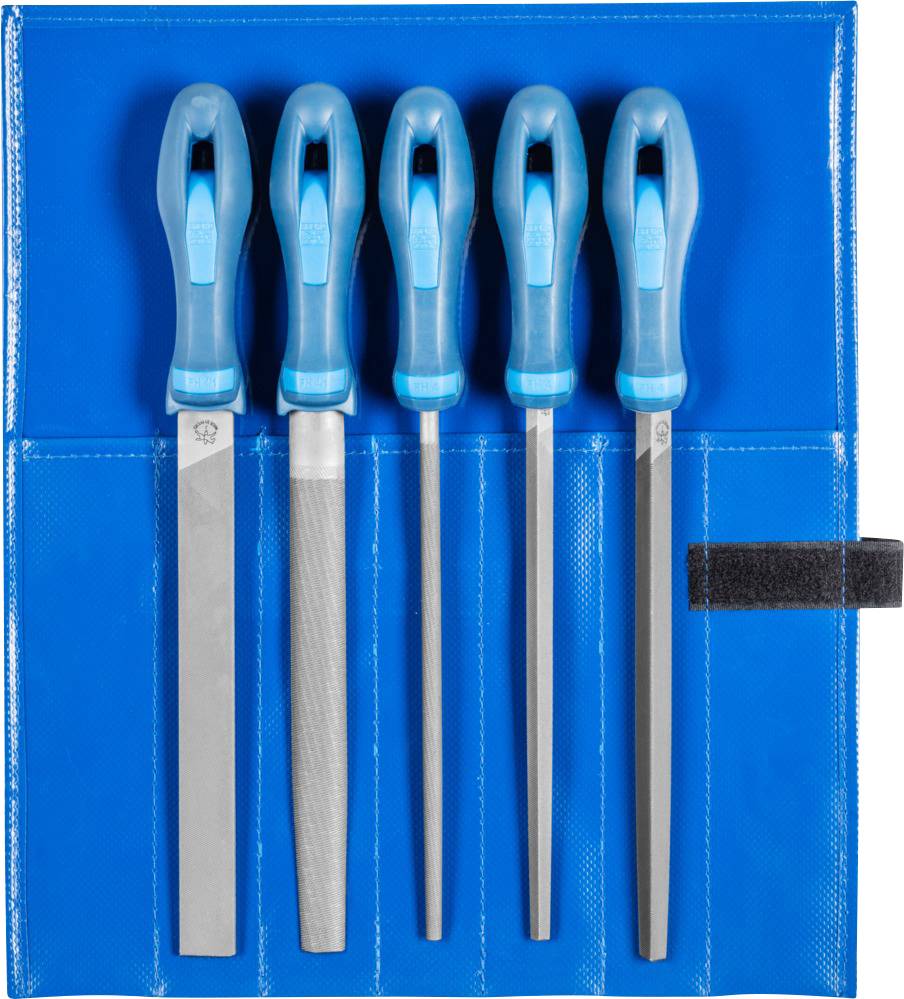 Fünf Feilen mit blauen Griffen in einer blauen Tasche. Die Feilen sind in Größe und Form unterschiedlich, alle senkrecht angeordnet.