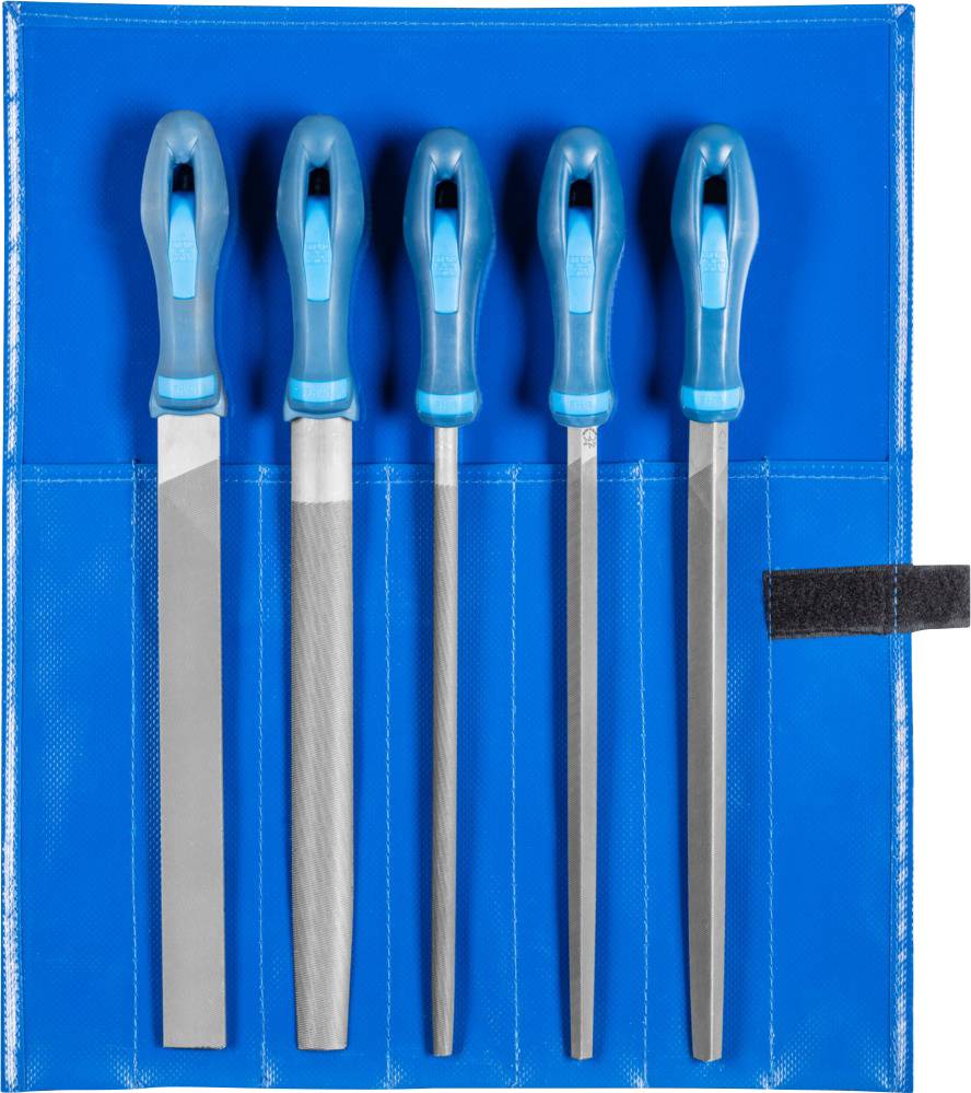 Fünf Feilen mit blauen Kunststoffgriffen in einer blauen Aufbewahrungstasche. Unterschiedliche Formen und Größen der Feilen.