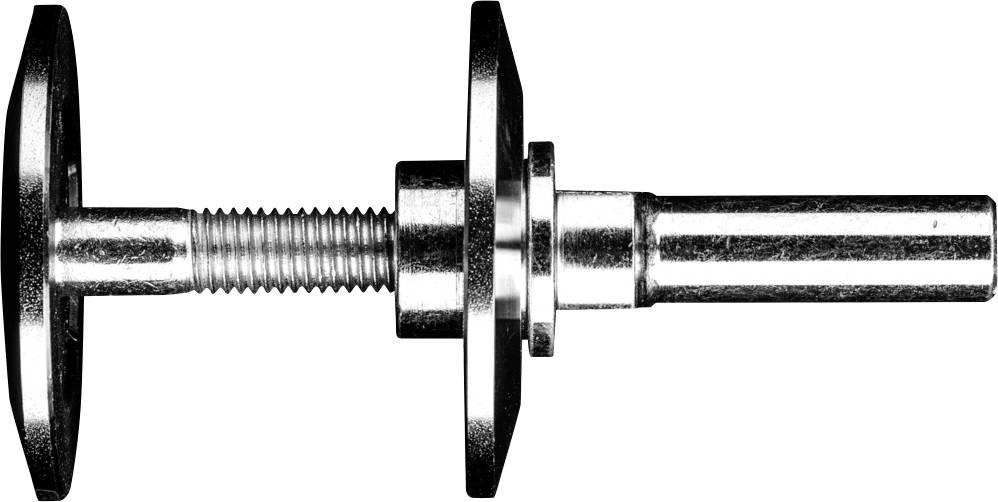 Metall-Gewindespindel mit runden und sechseckigen Scheiben, seitlich liegend.