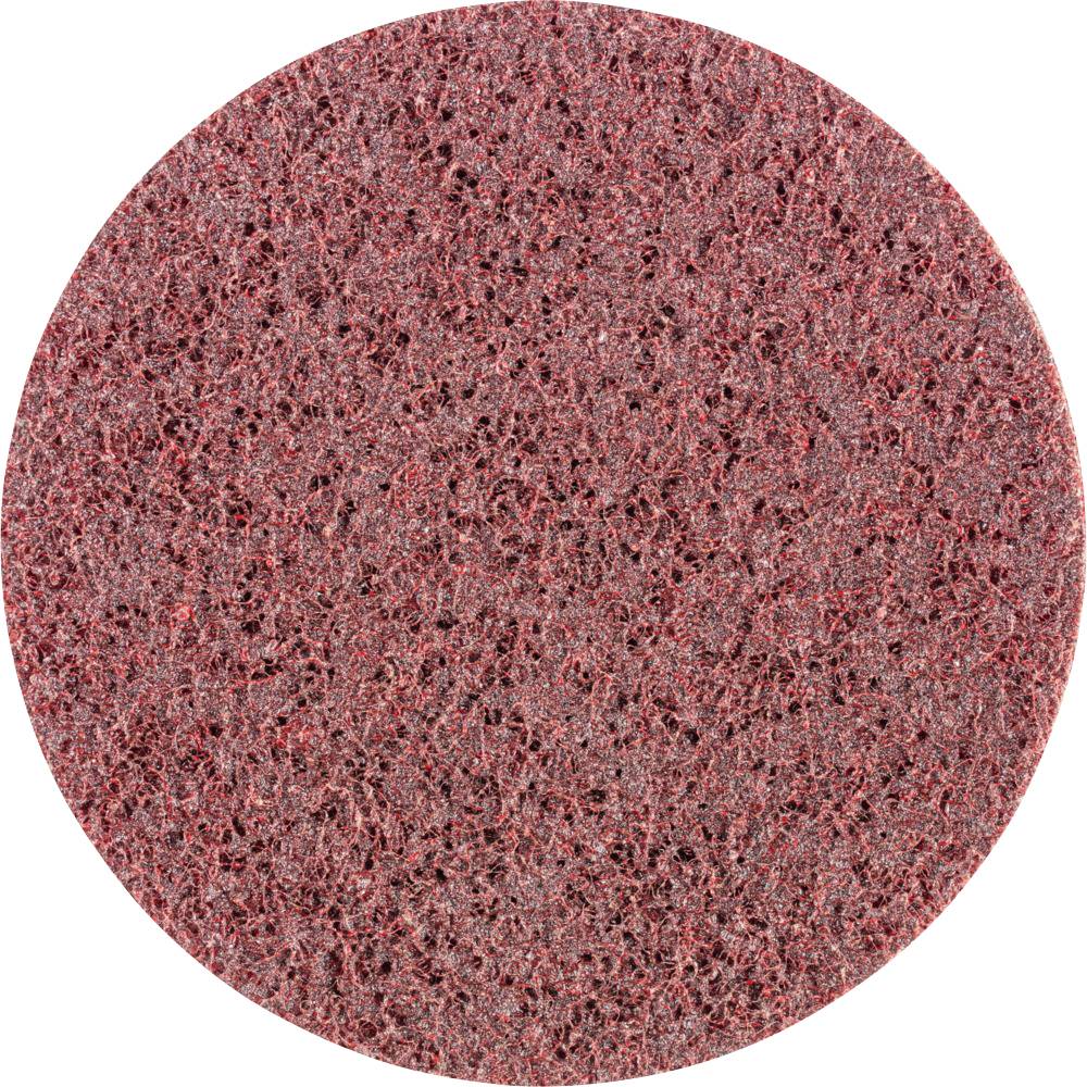 Ein rundes, abrasives Polierpad mit einer texturierten, roten Oberfläche, verwendet zur Reinigung oder Glättung von Oberflächen.