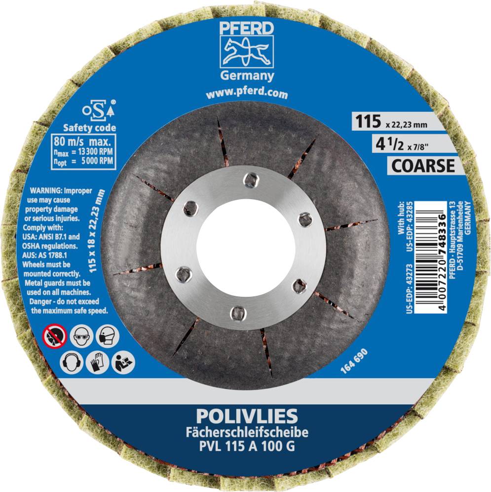 POLIVLIES-Fächerschleifscheibe PVL 115 A 100 G, 115 mm Durchmesser, Körnung COARSE. Sicherheitsinformationen auf der Verpackung.