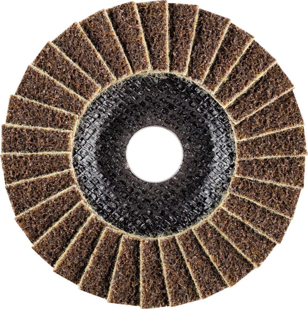 Rund-Schleifscheibe mit mehreren radial angeordneten Schleifblättern, zentralem Loch, geeignet für Oberflächenbearbeitung und Materialabtrag.