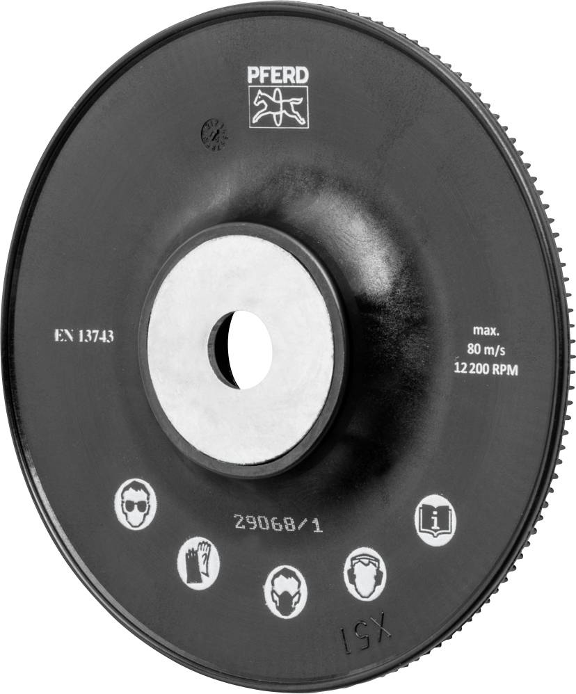 Ein Schleifscheibe mit der Aufschrift 'PFERD' und Sicherheits-Icons. Höchstgeschwindigkeit: 80 m/s, 12.200 RPM. Norm EN 13743.