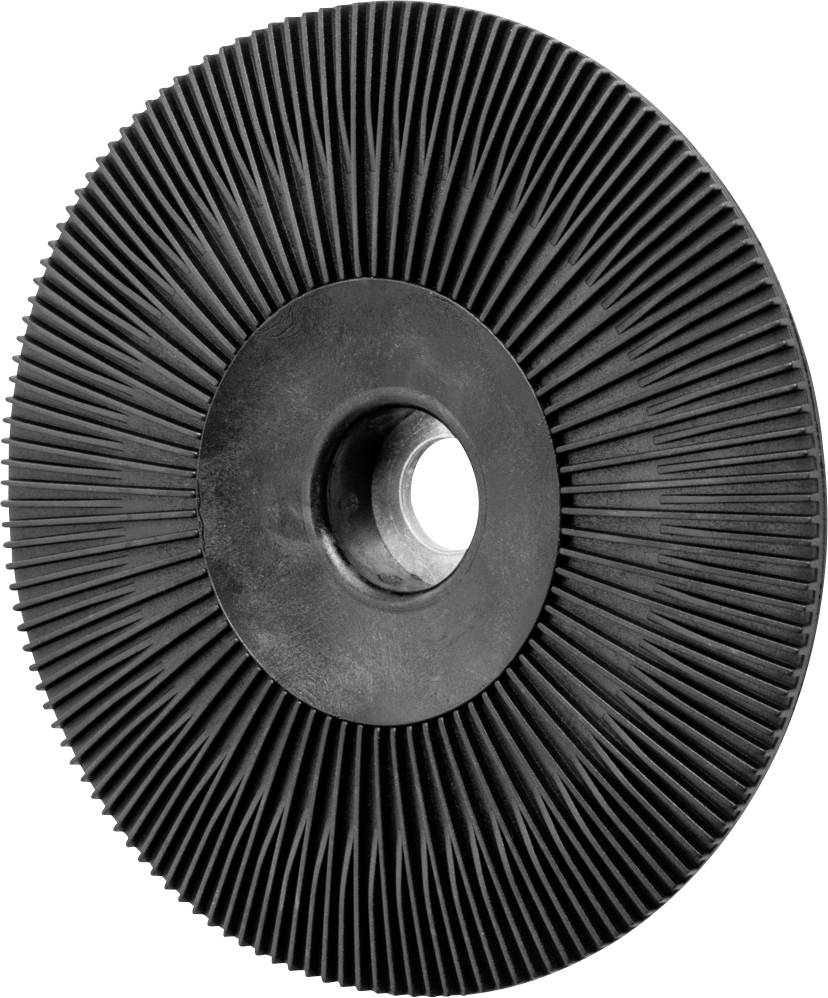 Schleifscheibe aus schwarzem Material mit radialen Lamellen um ein zentrales Loch.