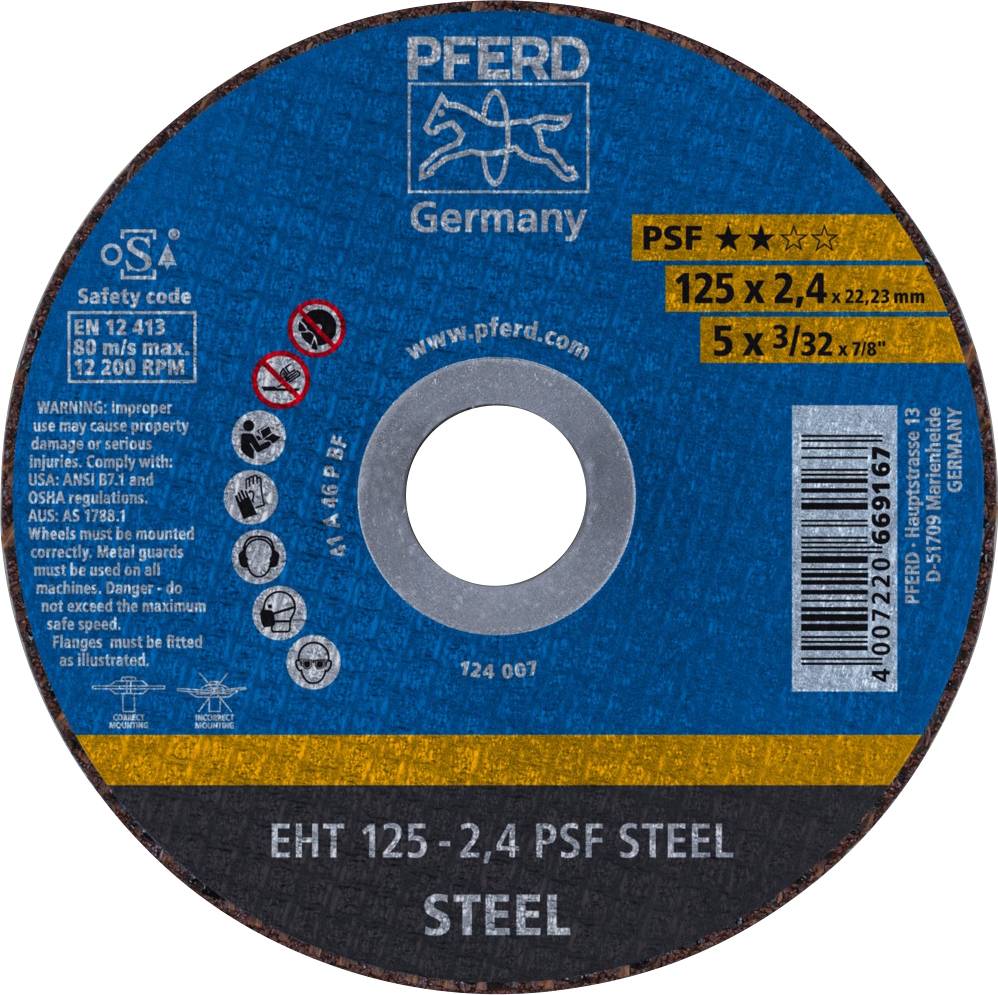 Blauer Trennscheibe für Stahl, Marke 'Pferd Germany', Modell EHT 125-2,4 PSF Steel. Durchmesser: 125 mm, Dicke: 2,4 mm. Geschwindigkeit: 80 m/s, 12.200 U/min.
