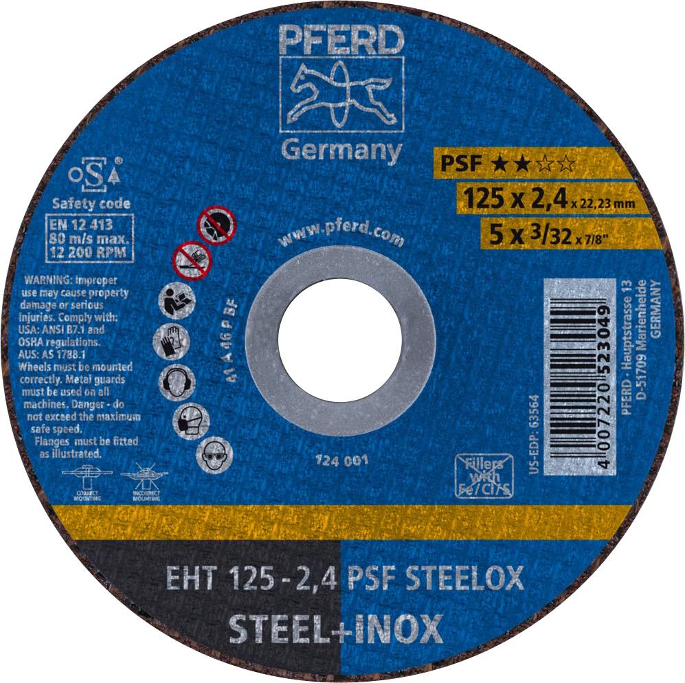 Schleifscheibe mit Aufschrift 'PFERD Germany', Durchmesser 125 mm, Stärke 2,4 mm. Geeignet für Stahl und Edelstahl. Enthält Sicherheitswarnungen.