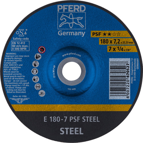 PFERD 62017634 Psf Steel Schruppscheibe gekröpft Durchmesser 180mm Bohrungs-Ø 22.23mm 10St.