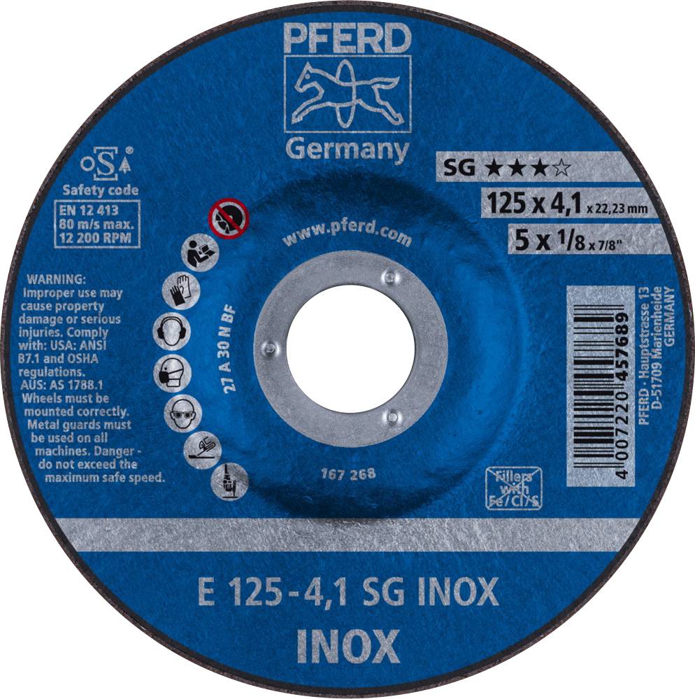 Schleifscheibe 'PFERD Germany' für Metallbearbeitung, 125 mm Durchmesser, 4,1 mm Dicke, für Edelstahl (Inox), max. 12.200 U/Min.