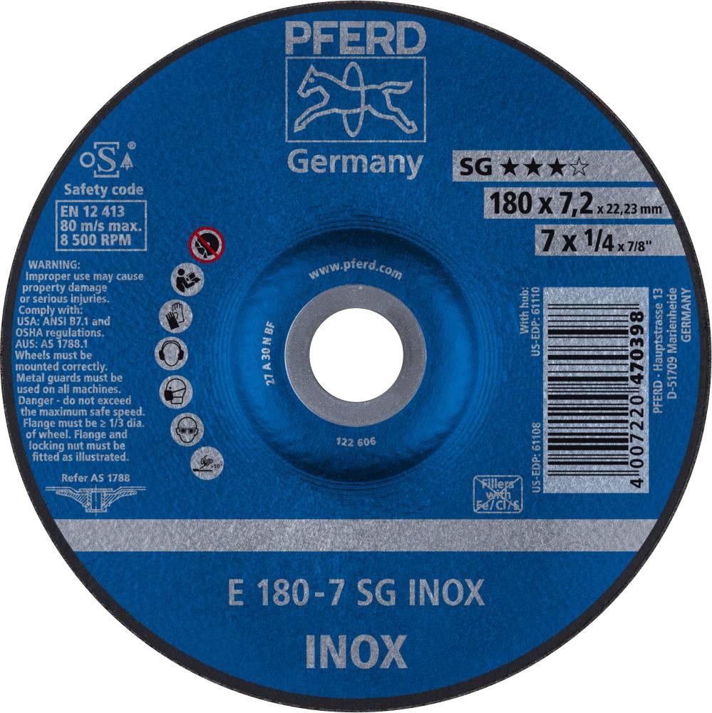 PFERD 62217632 Sg Inox Schruppscheibe gekröpft Durchmesser 180 mm Bohrungs-Ø 22.23 mm 10 St.