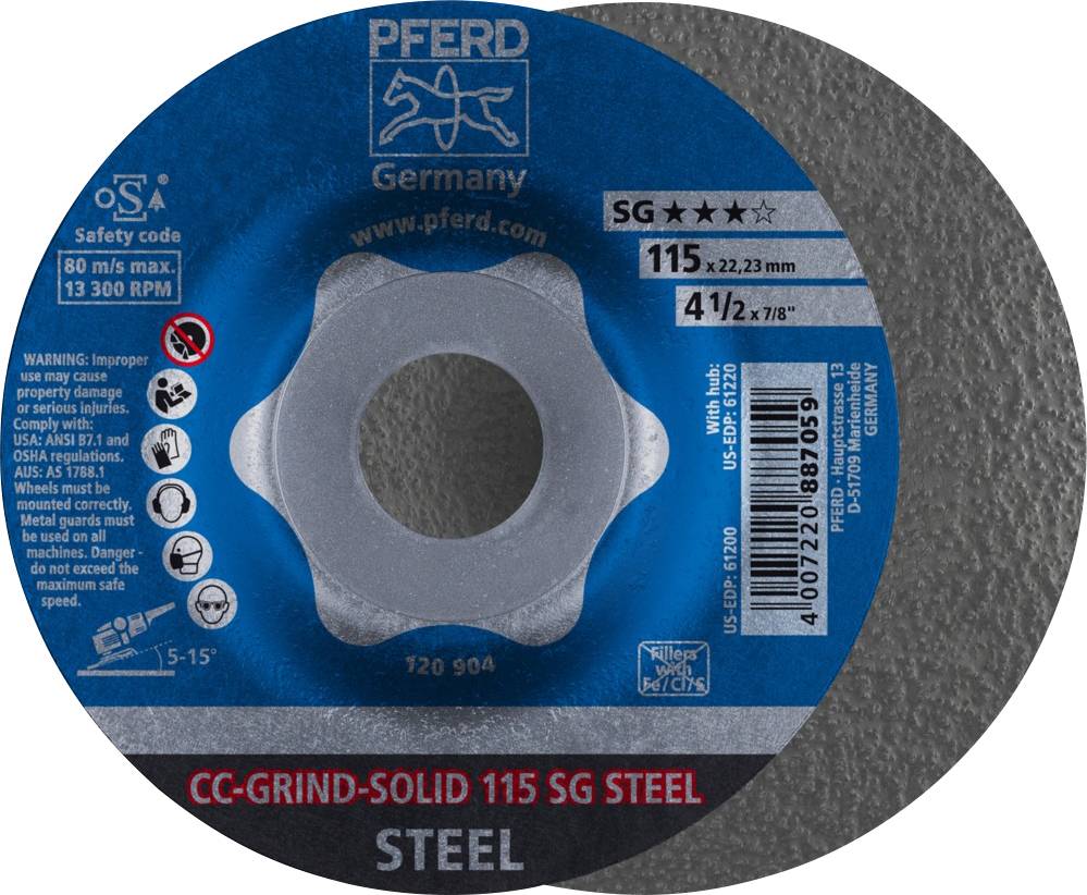 Schleifscheibe von PFERD, Modell CC-GRIND-SOLID 115 SG STEEL, geeignet für Stahl. Durchmesser 115 mm, Sicherheitscode 13 300 RPM.
