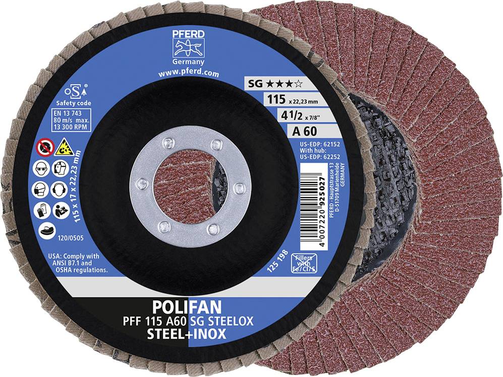 'PFERD Polifan Schleifscheibe', 115mm Durchmesser, A60 Körnung, geeignet für Stahl und Inox. Verpackung in Blau und Schwarz mit roten Details.