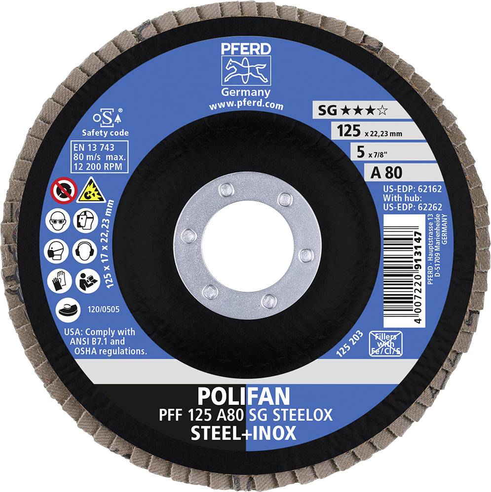 'POLIFAN PFF 125 A80 SG STEELOX' Schleifscheibe, 125 mm Durchmesser, geeignet für Stahl und Inox, Sicherheitsinfos links, Hersteller PFERD oben.
