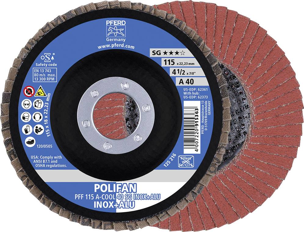 Schleifscheibe der Marke Pferd, Modell Polifan PFF 115 A-Cool 40, geeignet für Edelstahl und Aluminium, Durchmesser 115 mm.