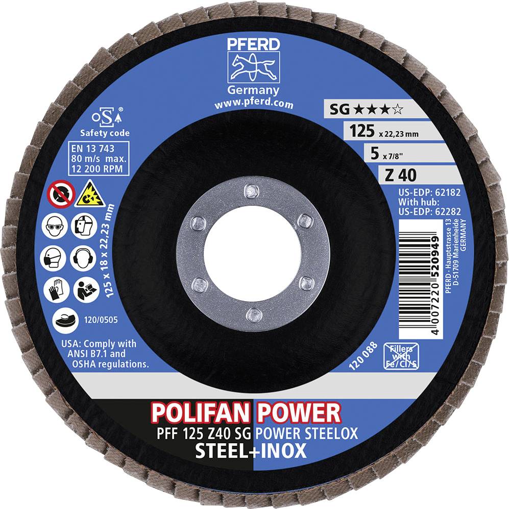 Trennschleifscheibe aus Stahl für Metallbearbeitung. Aufschrift: 'POLIFAN POWER', 'STEEL+INOX', Größe 125 x 22,23 mm, mit Sicherheits- und Produktinformationen.