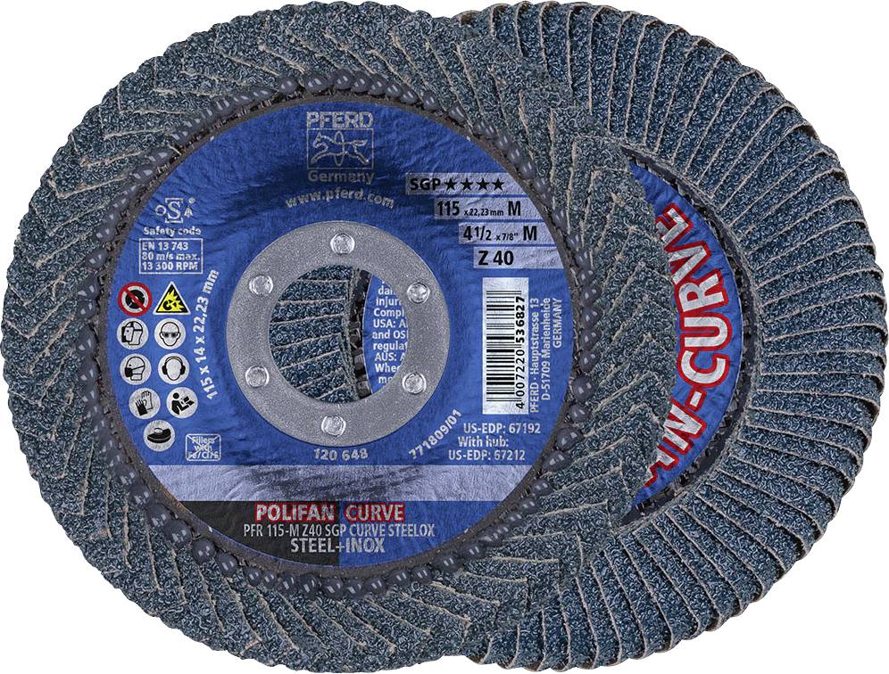 PFERD TOOLS 67689032 Z Sgp Curve Steelox Fächerschleifscheibe Durchmesser 115 mm Bohrungs-Ø 22.23 mm Körnung (num) 40 10 St.