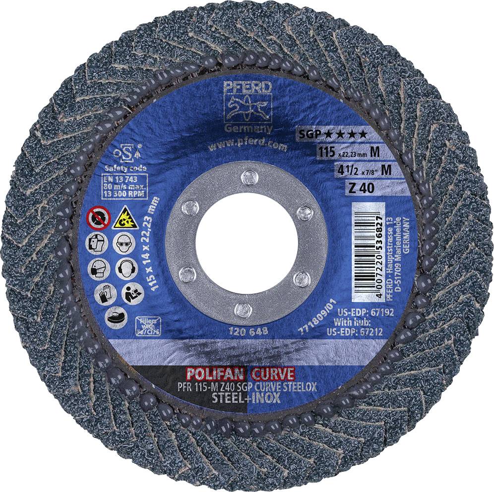PFERD TOOLS 67689032 Z Sgp Curve Steelox Fächerschleifscheibe Durchmesser 115 mm Bohrungs-Ø 22.23 mm Körnung (num) 40 10 St.
