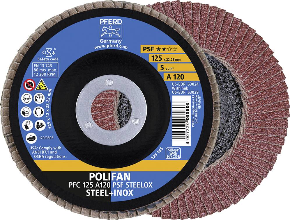 POLIFAN-Schleifscheibe mit PSF A120 für Stahl, Edelstahl. Ø 125 mm, 22,23 mm Bohrung. Sicherheitshinweise und Herstellerinformationen sichtbar.