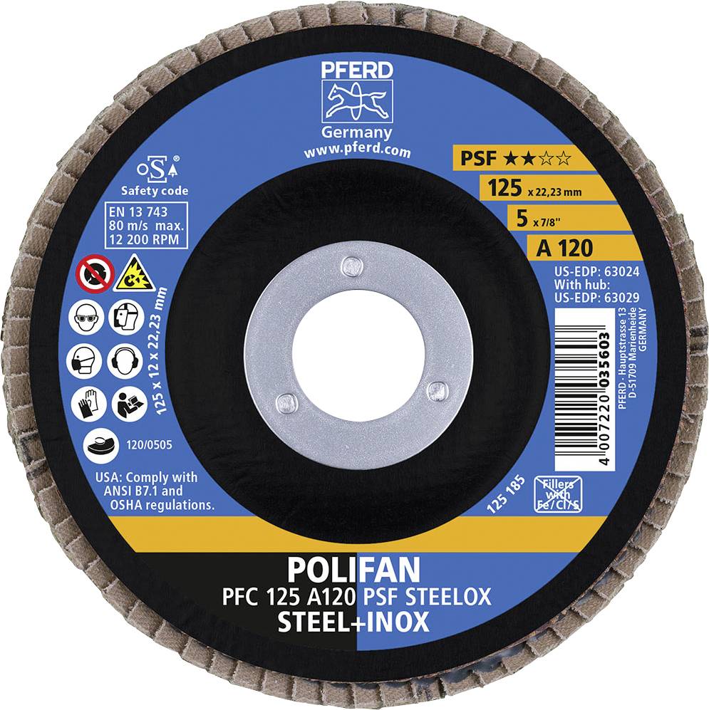 Pferd Polifan Schleifscheibe, 125 mm Durchmesser, PSF ste Elox A120, 12.200 U/min, geeignet für Stahl und Edelstahl. Made in Germany.