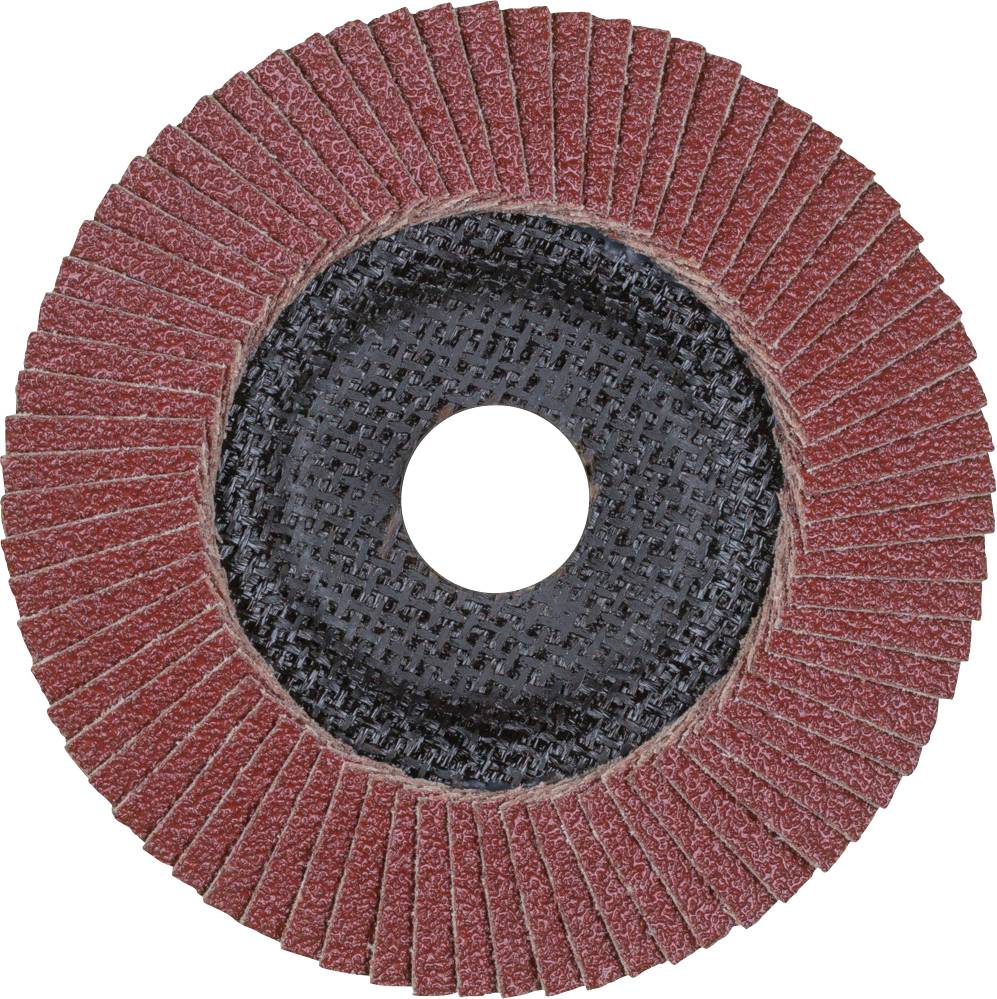 Runders Schleifmittel mit radial angeordneten Schleifblättern, typischerweise für die Metallbearbeitung verwendet.