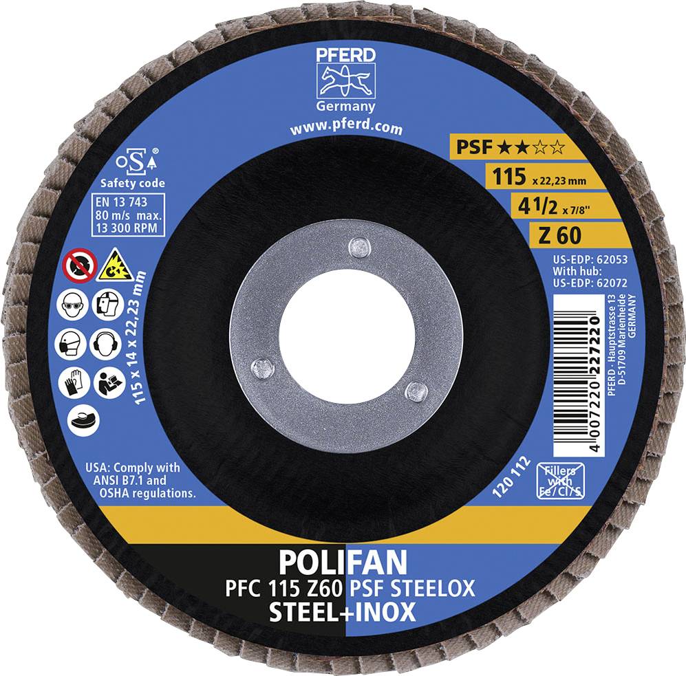 Schleifscheibe mit Aufschrift 'Polifan PFC 115 Z60 PSF Steelox', geeignet für Stahl und Inox, Durchmesser 115 mm, Marke Pferd.