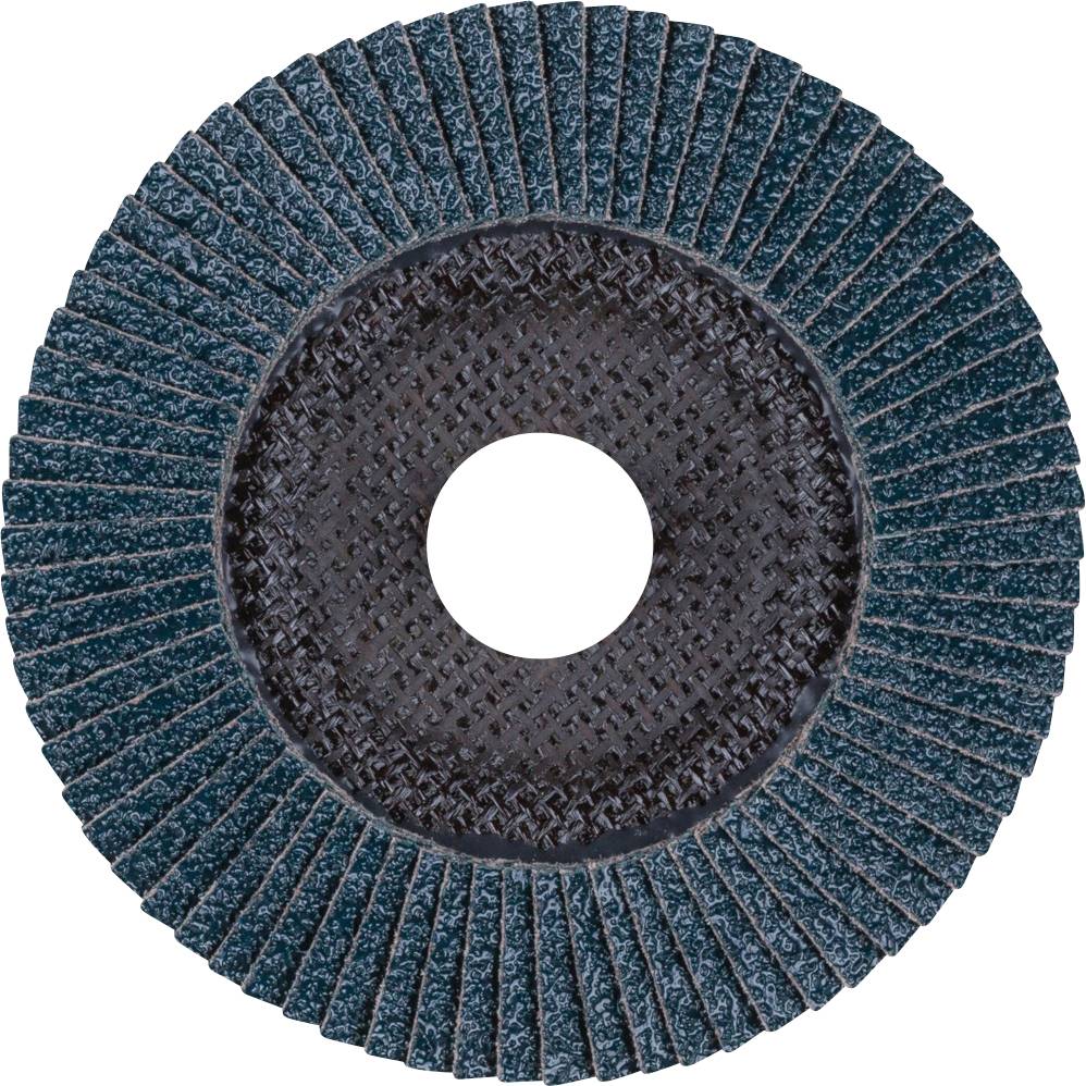 Schleifscheibe mit fächerförmig angeordneten Lamellen, geeignet für das Bearbeiten von Metalloberflächen.