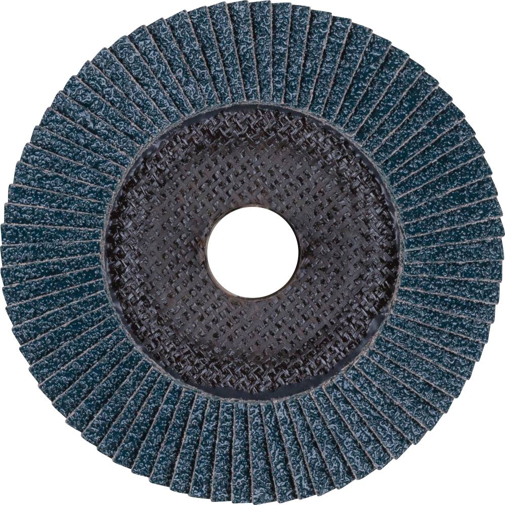 Ein rundes Schleifblatt mit überlappenden Schleiflamellen und zentralem Befestigungsloch, verwendet zur Oberflächenbearbeitung von Materialien.