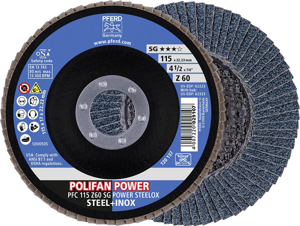 'Polifan Power' Schleifscheibe von Pferd für Stahl und Inox mit den Maßen 115 x 22,23 mm, Korn Z 60, maximale Drehzahl 13.300 U/min.
