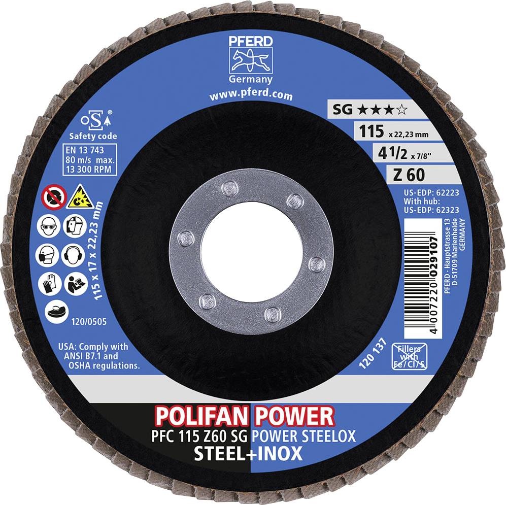 PFERD 67786115 Z Sg Power Steelox Fächerschleifscheibe Durchmesser 115mm Bohrungs-Ø 22.23mm 10St.