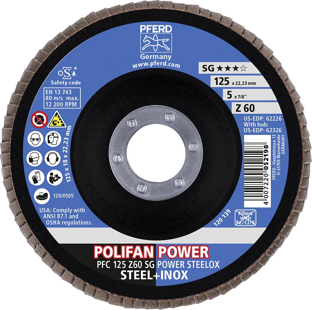 Schleifscheibe mit Aufschrift 'POLIFAN POWER', Durchmesser 125 mm, für Stahl und Inox, maximal 80 m/s, 12.200 U/min.
