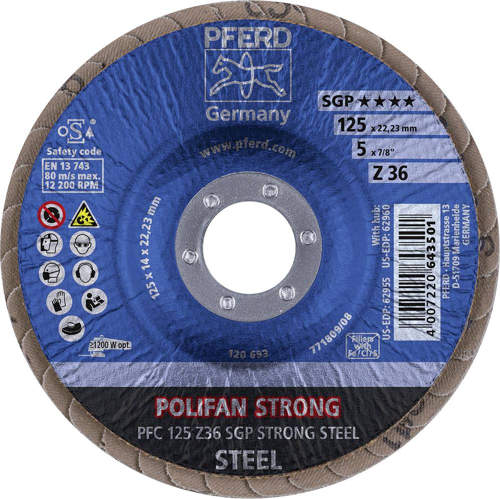 'PFERD POLIFAN STRONG' Schleifscheibe mit Sicherheitscode und technischen Spezifikationen wie 125mm Durchmesser, Typ SGP, max. 12200 U/min, geeignet für starken Stahl.