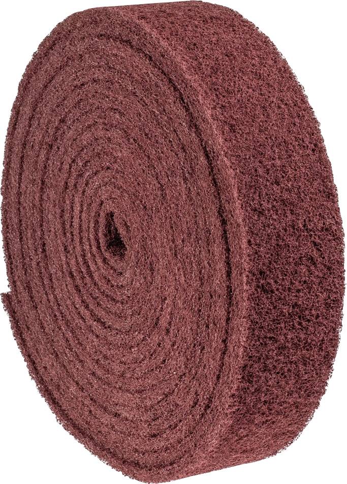 Rolle aus rotem Schleifvlies, verwendet für Oberflächenbearbeitung und Vorbereitung in Handwerks- und Industrieanwendungen.