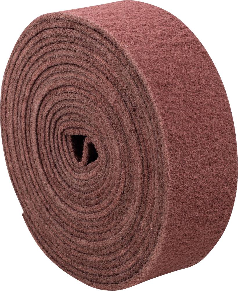 Eine aufgerollte Rolle aus braun-rotem Schleifvlies, die hauptsächlich zur Oberflächenbearbeitung und Reinigung von Materialien verwendet wird.