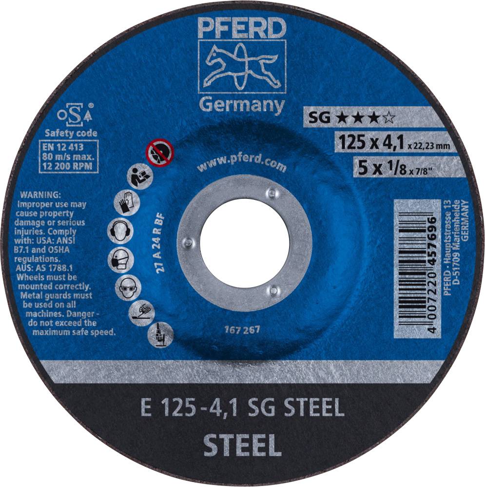 'PFERD Germany' Schleifscheibe mit Sicherheitshinweisen und technischen Spezifikationen wie Durchmesser 125 x 4,1 mm, Drehzahl 12.200 RPM.