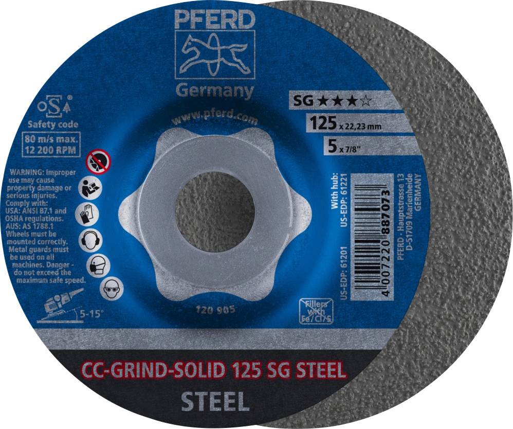 Schleifscheibe von PFERD Germany, Typ CC-GRIND-SOLID 125 SG für Stahl, max. 80 m/s, 12.200 U/min, Sicherheits- und Gebrauchshinweise.
